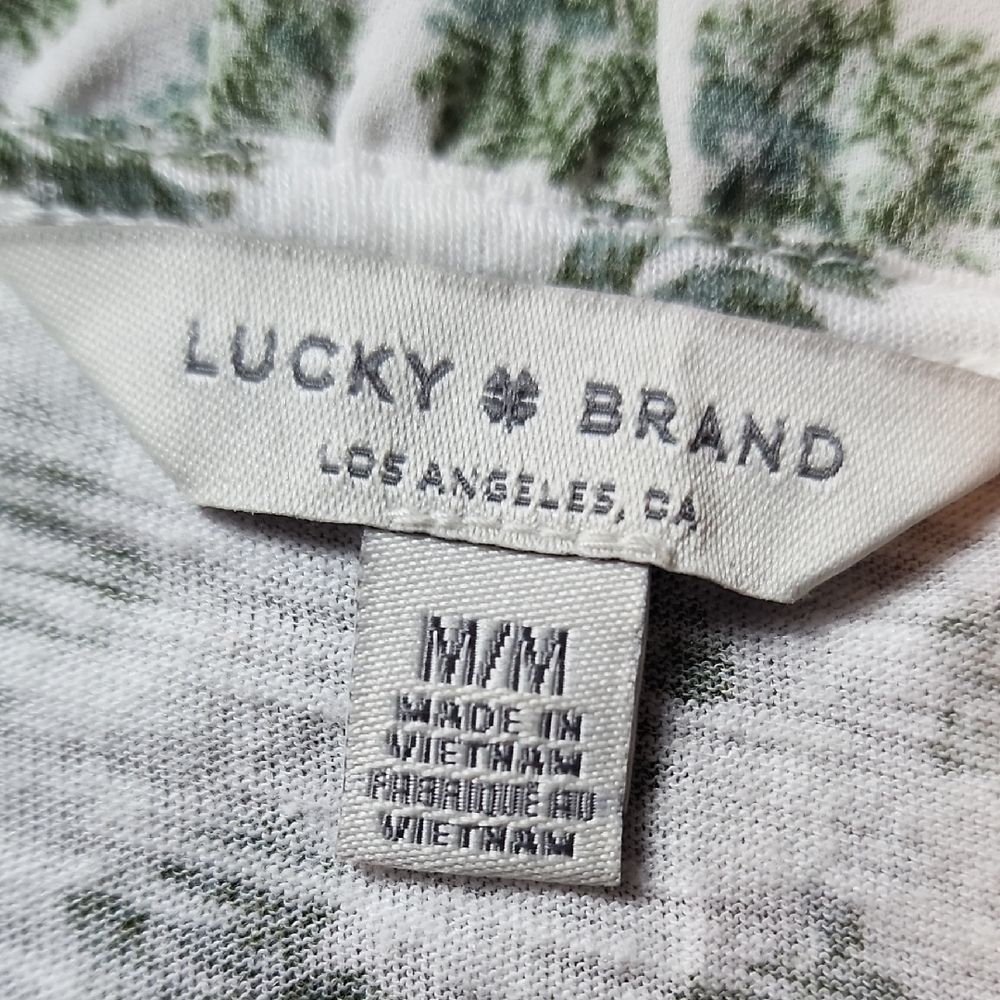 LUCKY BRAND | Green White Ditsy Floral Ruffle Tie Neck Mixed Fabric Top |‎ M - Picture 3 of 10